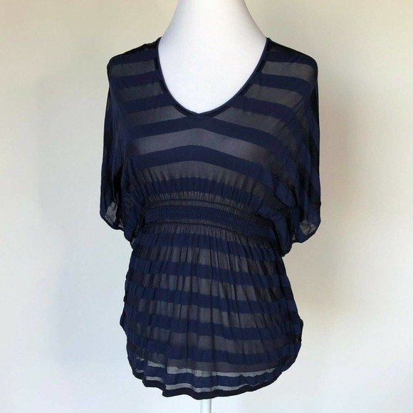 White House Black Market Tops - White House black Market Blue Top Sheer Stripe XS WHBM Peplum Stretchy